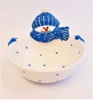 Ceramic bowl with snowman head and scarf.