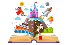 An open book with a dragon, a ship, a spaceship, and a castle coming out of it.