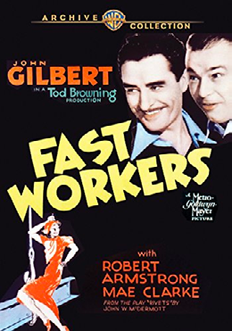 Fast Workers movie poster with two men smiling at a woman hanging on a construction I-beam.