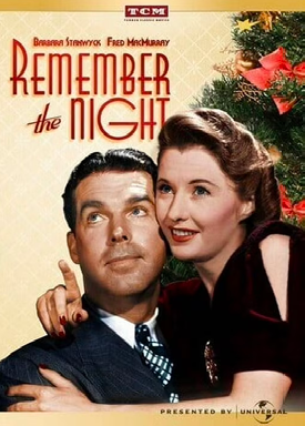 Movie poster for Remember the Night showing Barbara Stanwyck and Fred MacMurray cheek to cheek in front of a Christmas tree.