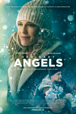 Movie poster of Ordinary Angels showing Hilary Swank in light snow and Alan Ritchson holding a young girl wearing winter clothes.