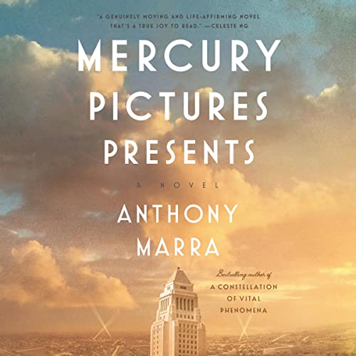 Book cover with image of sky and clouds and building a cityscape