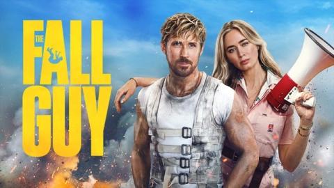 Fall Guy movie poster with Ryan Gosling and Emily Blunt in front of exploding background