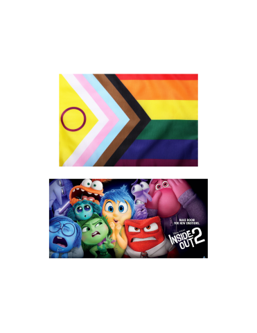 Pride flag and Inside Out 2 movie poster.