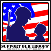 A soldier, kid, and  U.S. flag in the background. 