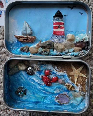 Beach, boat, lighthouse, and seashells.  