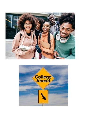 College ahead sign with students holding books. 