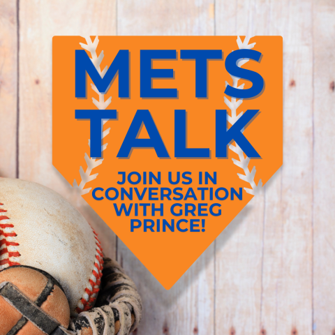 Words "Mets Talk" on orange home plate with baseball in lower left