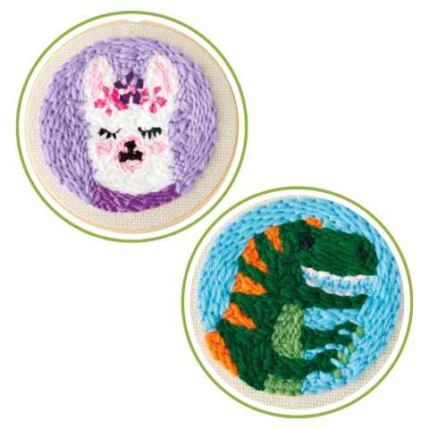Image of llama punch needle and dinosaur punch needle. 