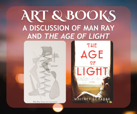 Red background with type Art & Books - image by Man Ray and book cover of  The Age of Light