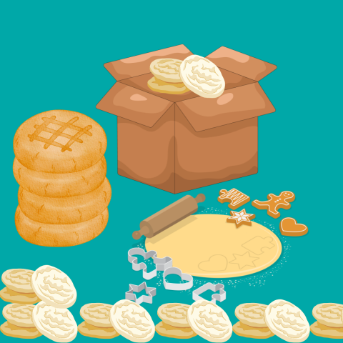 Cookies, box, cookie cutters, and a rolling pin. 