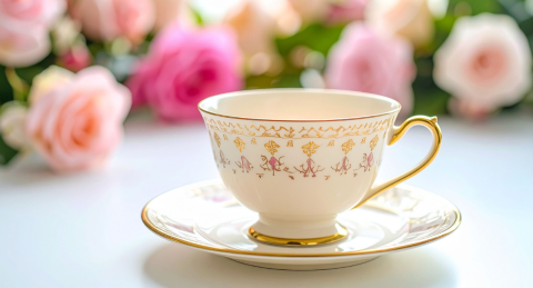 A picture of a teacup and saucer with a floral background. 