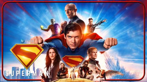Superman flying through the air with cast of characters behind him