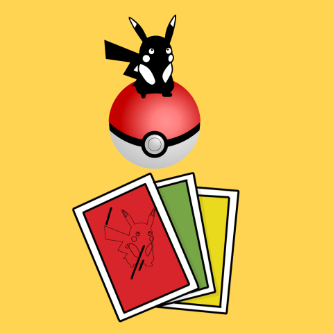 Pokémon cards, character, and ball. 