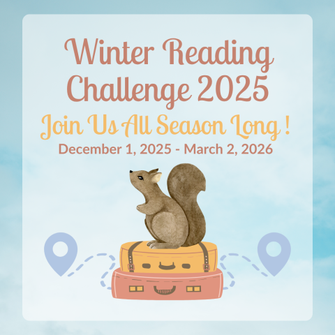 Text: Winter Reading Challenge with illustration of squirrel on top of suitcases