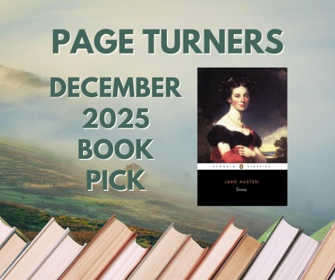 Emma by Jane Austen Book Cover and Page Turners text on a sky background