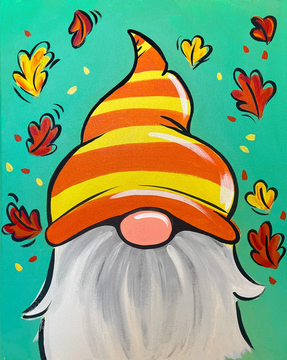 Gnome surrounded by fall leaves. 