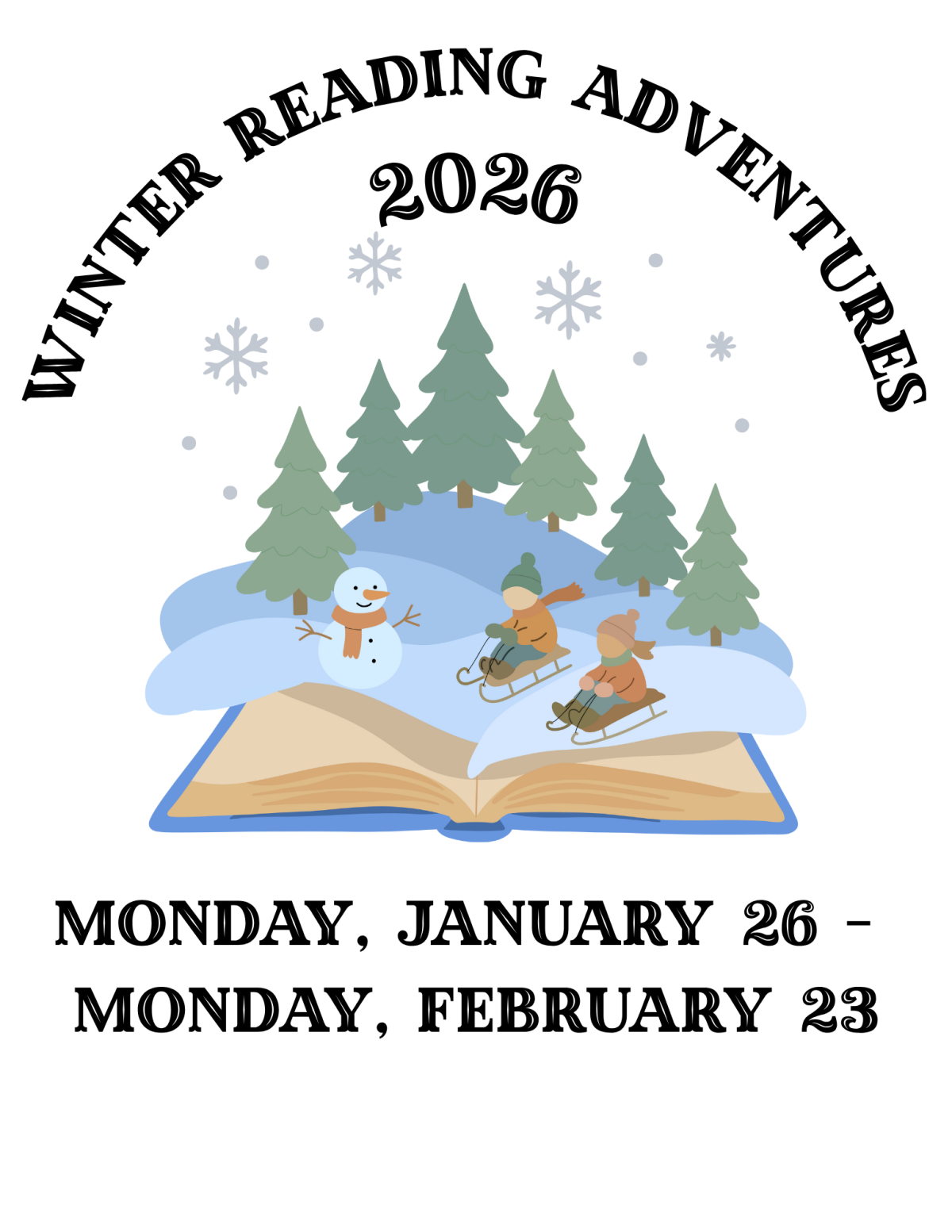 Text: Winter Reading Adventures 2026 | Open book with children sledding in the snow.